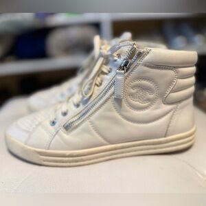 Hot Deal: Chanel White Leather CC High Top Sneakers w/Side Zippers